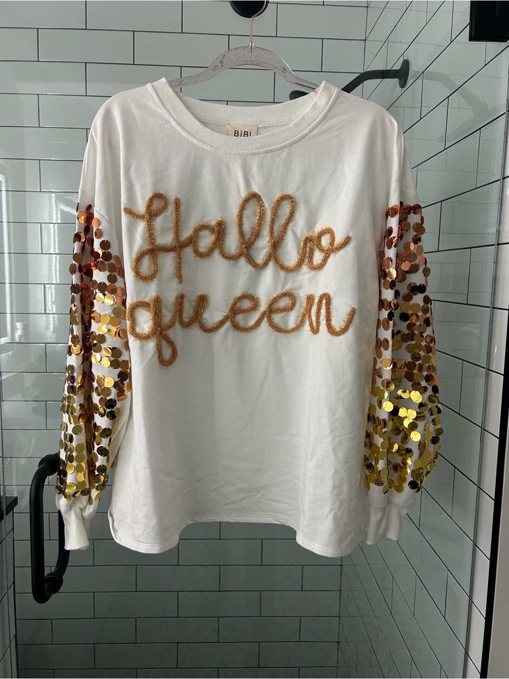 NWT BiBi White 'Hallo Queen' Sequin Sleeve top